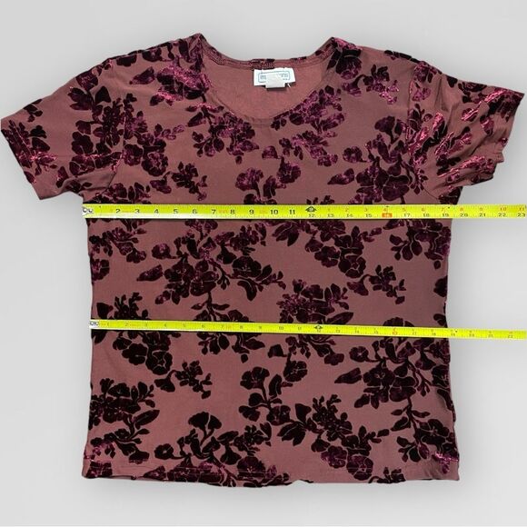 Vintage Velvet Floral Blouse, Large. Burgundy maroon semi sheer t-shirt top - Picture 10 of 13